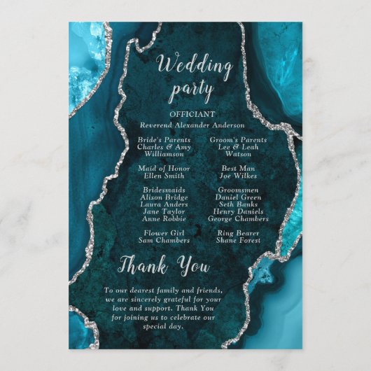 Teal Blue and Silver Agate Wedding Program プログラム (裏面)