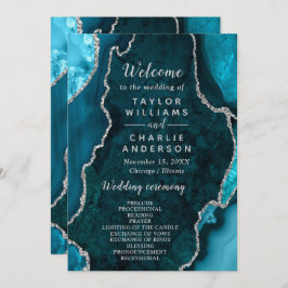 Teal Blue and Silver Agate Wedding Program プログラム
