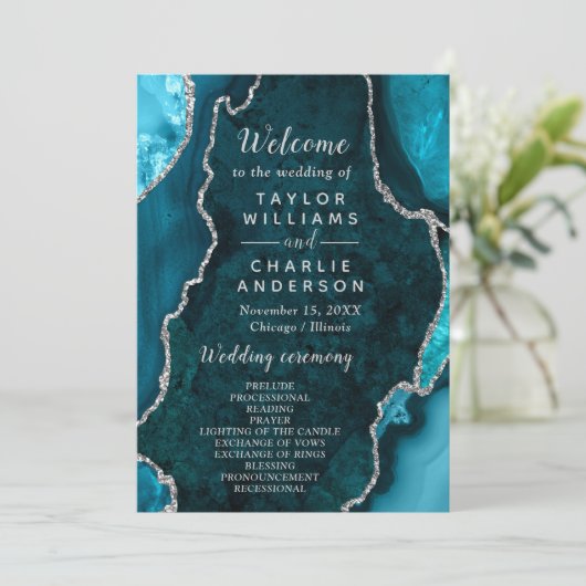 Teal Blue and Silver Agate Wedding Program プログラム (スタンド正面)