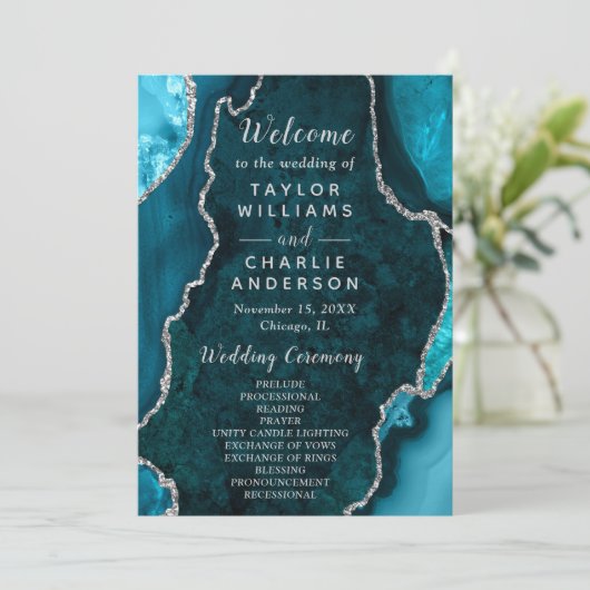Teal Blue and Silver Agate Wedding Program プログラム (スタンド正面)