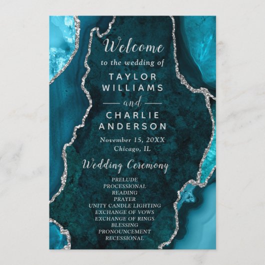 Teal Blue and Silver Agate Wedding Program プログラム (正面)