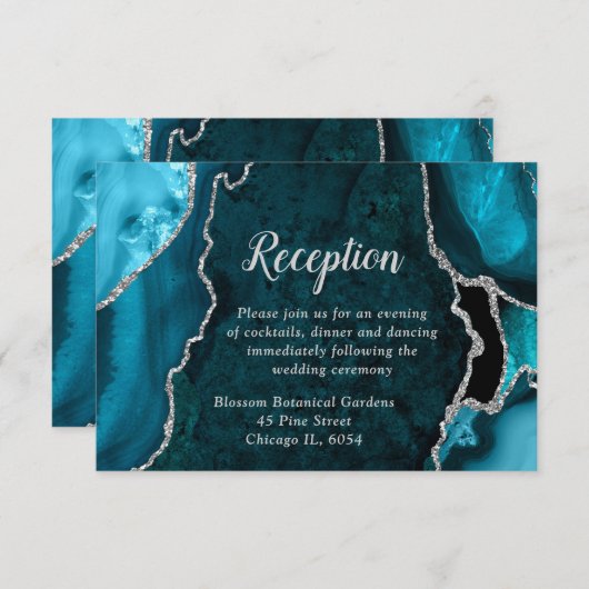 Teal Blue and Silver Agate Wedding Reception エンクロージャーカード (正面/裏面)