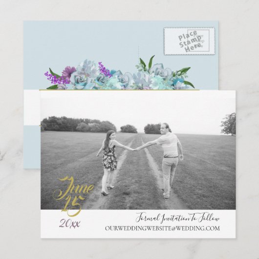 Teal Blue Bouquet Wedding Suite Save The Date ポストカード (正面/裏面)