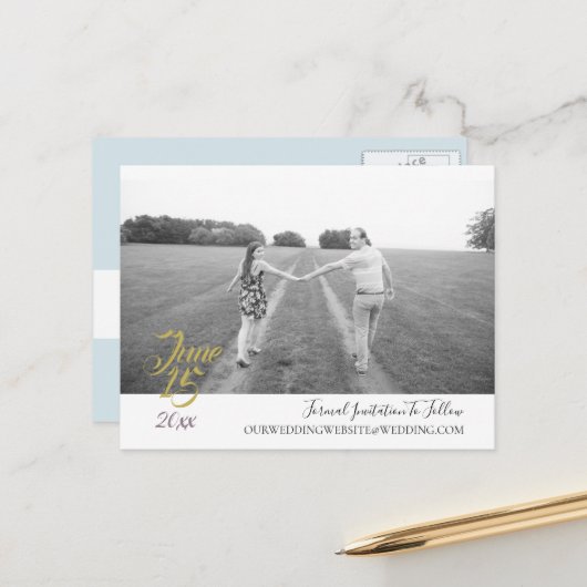 Teal Blue Bouquet Wedding Suite Save The Date ポストカード (正面/裏面インサイチュ)