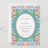 Teal Blue Bright Botanical Wedding 招待状 (正面)