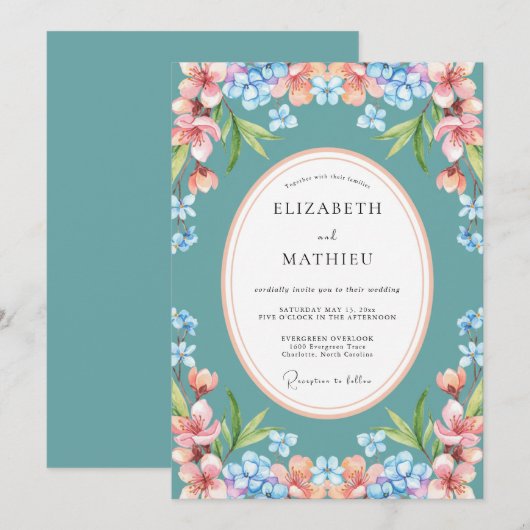 Teal Blue Bright Botanical Wedding 招待状 (正面/裏面)