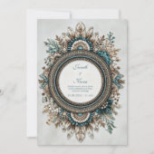 Teal Blue Brown Feather Floral Rustic Wedding 招待状 (正面)