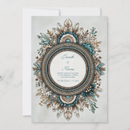 Teal Blue Brown Feather Floral Rustic Wedding 招待状