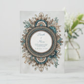 Teal Blue Brown Feather Floral Rustic Wedding 招待状 (スタンド正面)