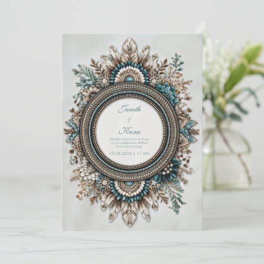 Teal Blue Brown Feather Floral Rustic Wedding 招待状 (スタンド正面)