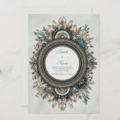 Teal Blue Brown Feather Floral Rustic Wedding 招待状 (正面/裏面)