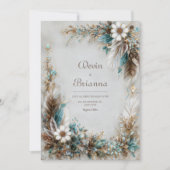 Teal Blue Brown Feather White Floral Wedding 招待状 (正面)