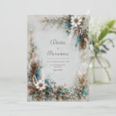 Teal Blue Brown Feather White Floral Wedding 招待状 (スタンド正面)