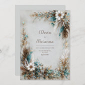 Teal Blue Brown Feather White Floral Wedding 招待状 (正面/裏面)
