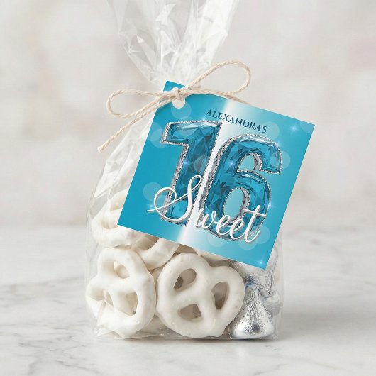 Teal Blue Diamond Gemstone Sweet 16 Birthday Party フェイバータグ