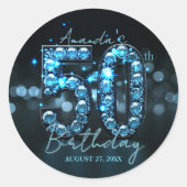 Teal Blue Diamonds & Black Glamorous 50th Birthday ラウンドシール (正面)