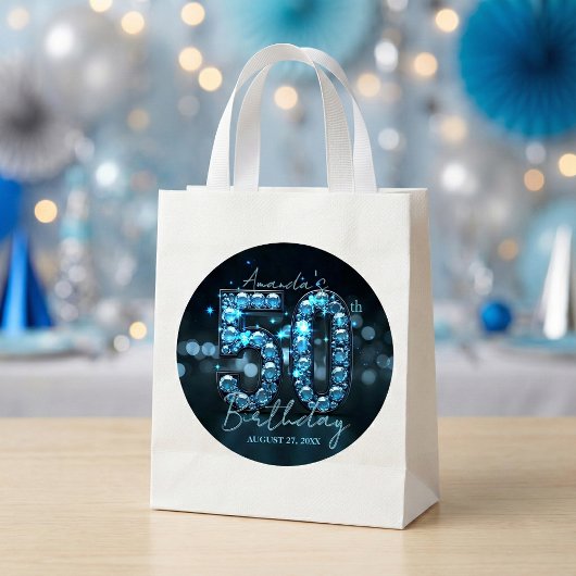 Teal Blue Diamonds & Black Glamorous 50th Birthday ラウンドシール