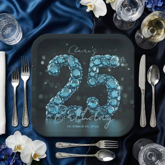 Teal Blue Diamonds Glamorous 25th Birthday Party ペーパープレート