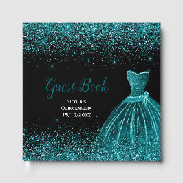 Teal Blue Dress Faux Glitter Quinceanera ゲストブック