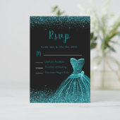 Teal Blue Dress Faux Glitter Quinceanera 出欠カード (スタンド正面)