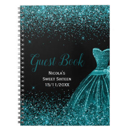 Teal Blue Dress Faux Glitter Sweet 16 Guest Book ノートブック