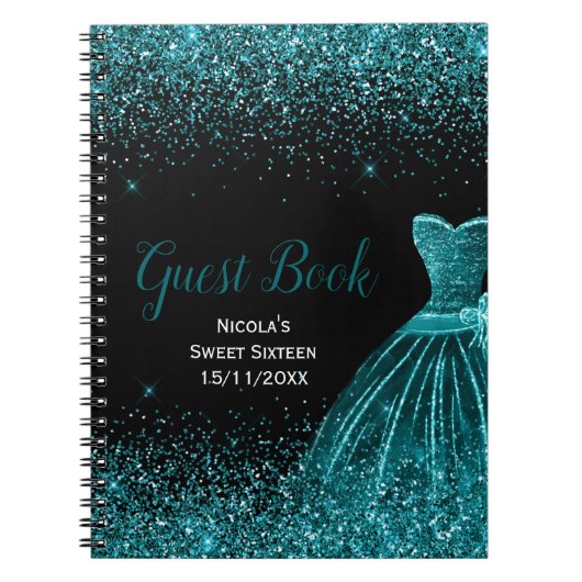 Teal Blue Dress Faux Glitter Sweet 16 Guest Book ノートブック (正面)