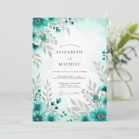 Teal Blue Exquisite Spring Wedding 招待状 (スタンド正面)