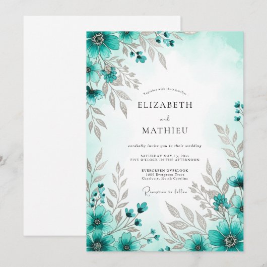 Teal Blue Exquisite Spring Wedding 招待状 (正面/裏面)