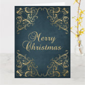 Teal Blue Faux Gold Ornate Border Merry Christmas カード (黄色い花)