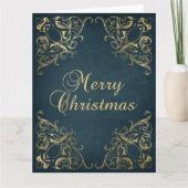 Teal Blue Faux Gold Ornate Border Merry Christmas カード (正面)