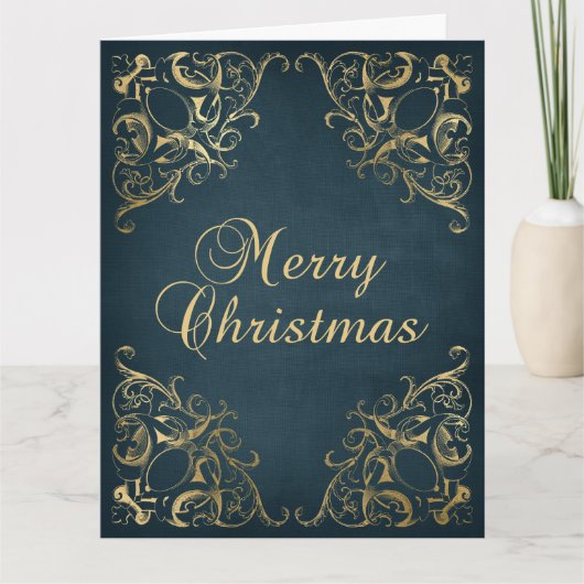 Teal Blue Faux Gold Ornate Border Merry Christmas カード (正面)