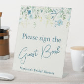 Teal Blue Floral Ivory Bridal Shower Guest Book 台座サイン (インサイチュ)