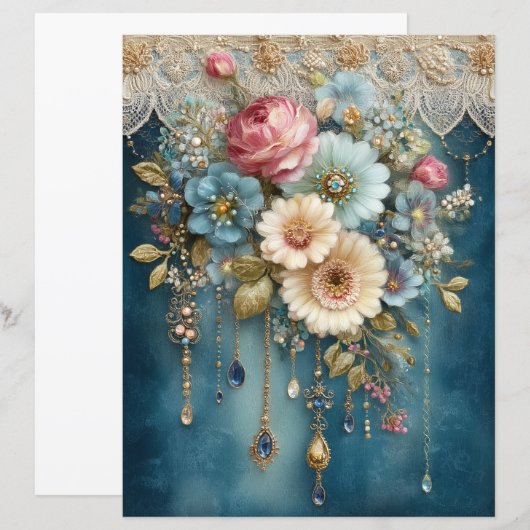 Teal Blue Flower Gems Junk Journal Scrapbook Paper (正面/裏面)