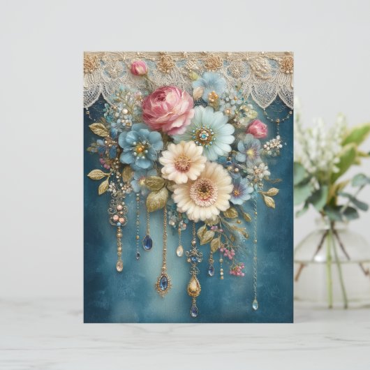 Teal Blue Flower Gems Junk Journal Scrapbook Paper (スタンド正面)