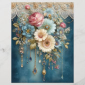 Teal Blue Flower Gems Junk Journal Scrapbook Paper (正面)