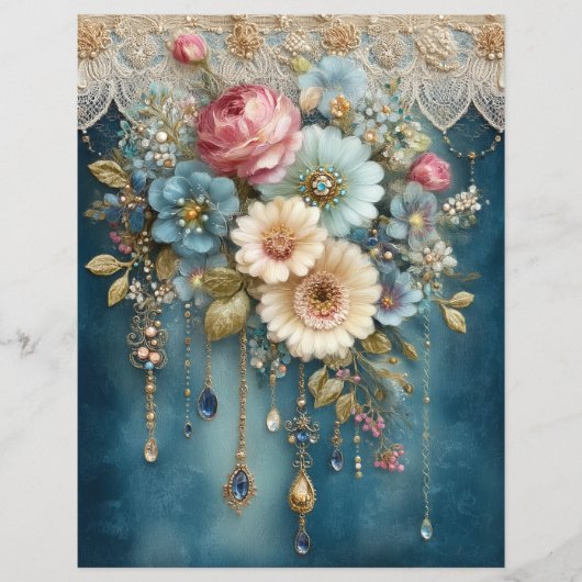 Teal Blue Flower Gems Junk Journal Scrapbook Paper (正面)