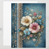 Teal Blue Flowers Junk Journal Scrapbook Paper (正面/裏面)