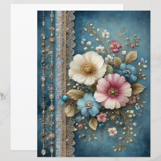 Teal Blue Flowers Junk Journal Scrapbook Paper (正面/裏面)