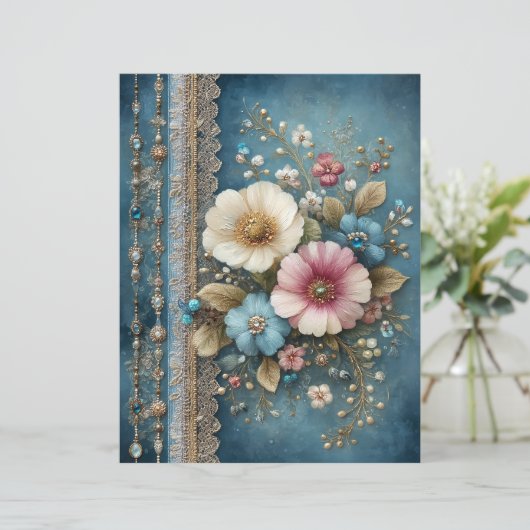Teal Blue Flowers Junk Journal Scrapbook Paper (スタンド正面)