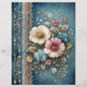 Teal Blue Flowers Junk Journal Scrapbook Paper (正面)