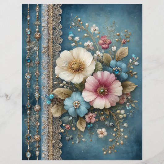 Teal Blue Flowers Junk Journal Scrapbook Paper (正面)