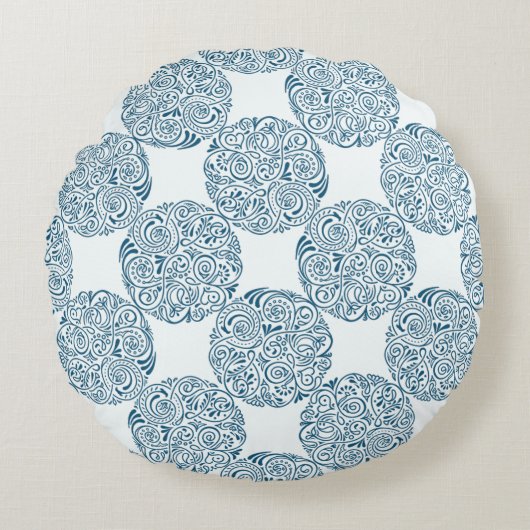 Teal Blue Garden Elegance Round Pillow ラウンドクッション (正面)