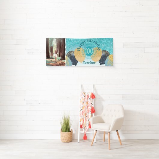 Teal Blue Glitter 100th Birthday & Balloons 横断幕 (インサイチュ)