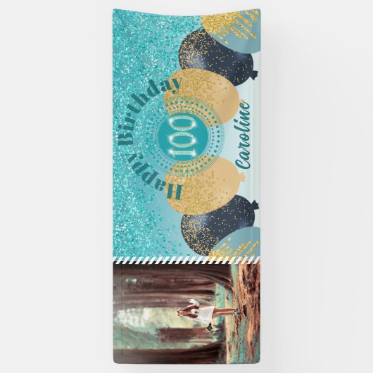 Teal Blue Glitter 100th Birthday & Balloons  横断幕 (縦)