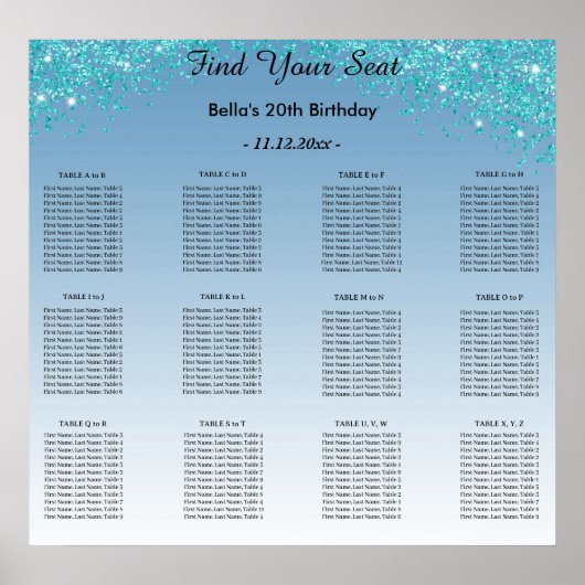 Teal Blue Glitter Birthday Alphabetic Seating Plan ポスター (正面)
