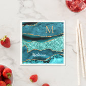 Teal Blue Glitter Napkins Custom Name and Letter スタンダードカクテルナプキン (インサイチュ)