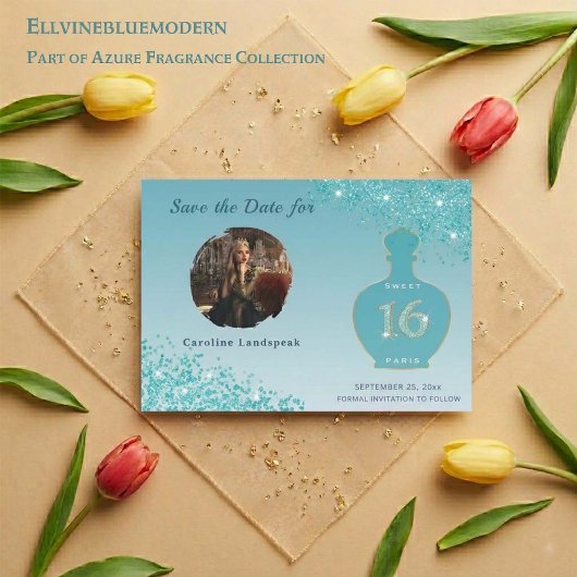 Teal Blue Glitter Paris Fragrance Studio Sweet 16 セーブザデート