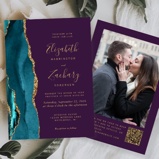 Teal Blue Gold Agate Purple Photo QR Code Wedding 招待状