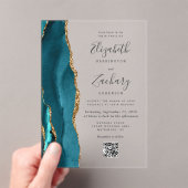Teal Blue Gold Agate QR Code Wedding アクリル招待状 (インサイチュ (ポータブル))