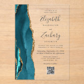 Teal Blue Gold Agate QR Code Wedding アクリル招待状 (正面)